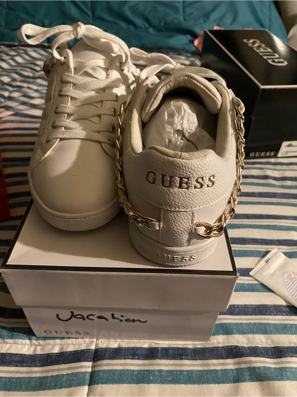 GUESS White Leather Sneakers with Gold Chain Trim